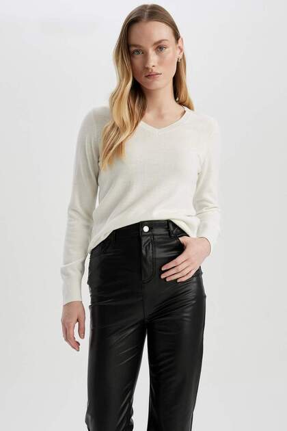 Regular Fit V-Neck Basic Plain Knitwear Sweater F7088Az23Wn