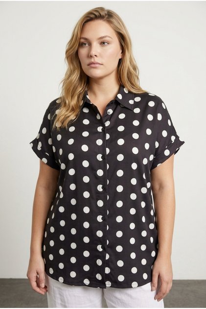 Plus Size Button Front Short Sleeve Polka Dot Print Shirt 303460