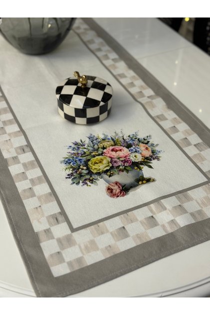 Çiçek Desenli Gri Dama Model Runner 40*140 cm