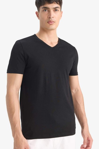 100% Cotton Slim Fit Slim Cut V-Neck Basic Plain Short Sleeve Black T-Shirt M7668Az23Sp
