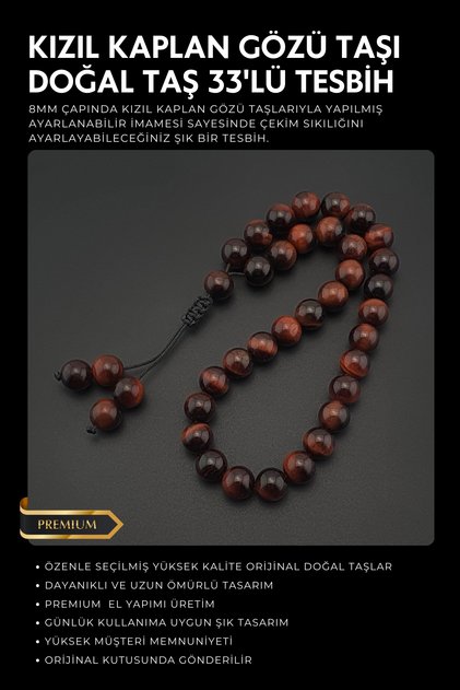 Original Natural Stone 8mm Red Tiger's Eye 33-Piece Prayer Beads, Men's Gift, Handmade Prayer Beads