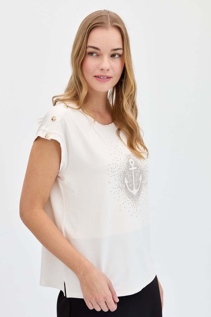 Women's Zero Collar Front Jewelled Anchor T-Shirt Ecru