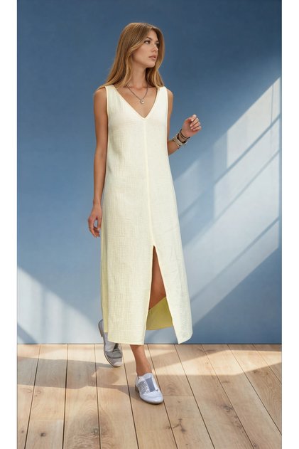 Women's Oversized Muslin Leather N V-Neck Strap Sleeveless Slit Long Casual Dress Yellow 700-3419385
