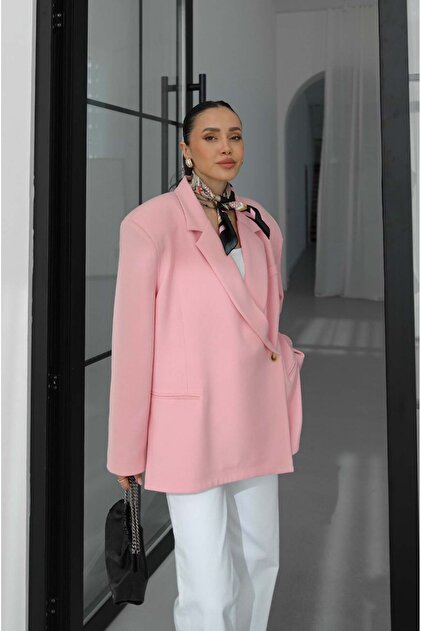 Pembe Derin Yırtmaç Detaylı Blazer Ceket