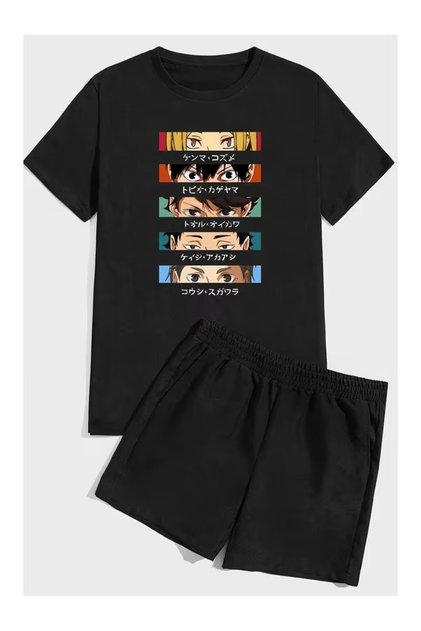 Unisex Design Anime Printed Oversized Short Sleeve T-Shirt Shorts 2-Piece Bottom Top Set