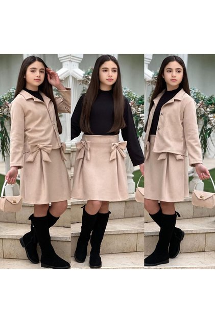 Girl's Stone Detailed Suede 4-Piece Set - Stone Jacket - Bowknot Skirt - Bodysuit - Bag 4-Piece Holiday Set