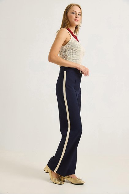 Women's Trousers with Side Stripes Wide-Leg Navy Blue