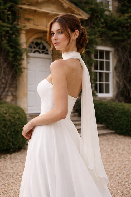 Elorya Bloom Strapless Wedding Dress with Shawl Detail, Off-White, Flared  Chiffon Skirt, Promise and Engagement Dress, Lara- Trendyol