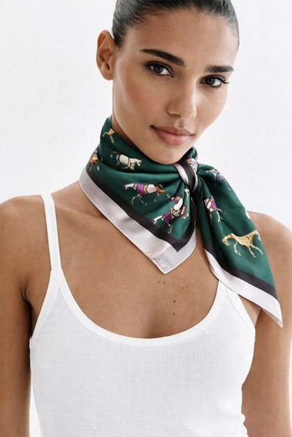 Green Background Original Horse Patterned Silk I Satin Scarf (70*70cm)