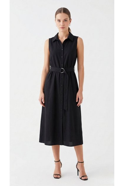 Women's Navy Blue/Black Metal Buckle Piece Set Linen Look Shirt Dress