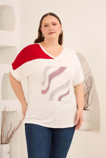 Stone Printed Large Size Paneled T-Shirt Ecrured