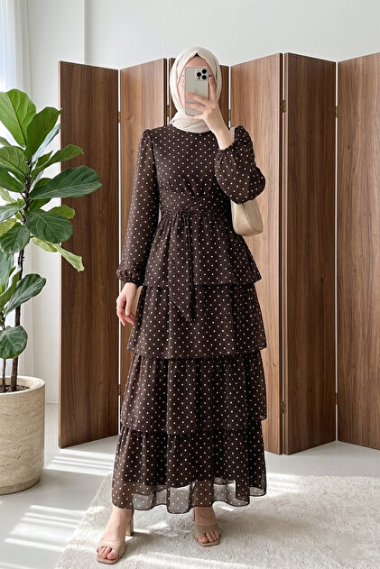 Four-Layered Skirt with Cross-Tie Lining and Polka Dot Chiffon Dress - Brown - Coffee