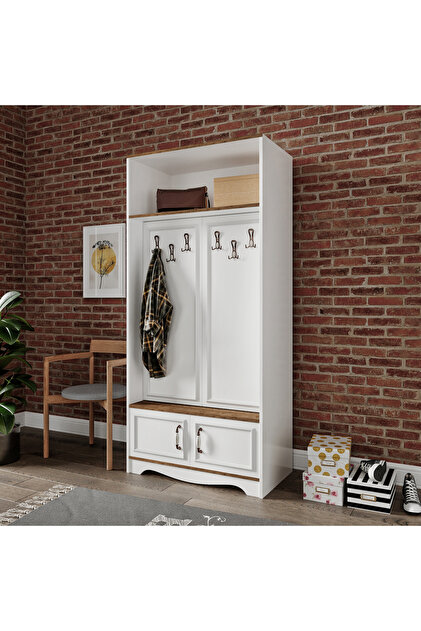 Stella 4 Kapaklı 6 Askılı 5 Bölmeli Country Vestiyer, Portmanto Beyaz-Ceviz- Tamamı MDF