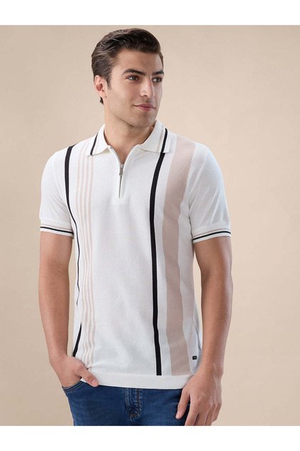 Vertical Stripe Zip Collar White Polo T-shirt
