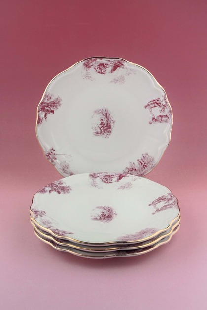Pink British Gold Gilded 4 Pieces Porcelain Cake Plate