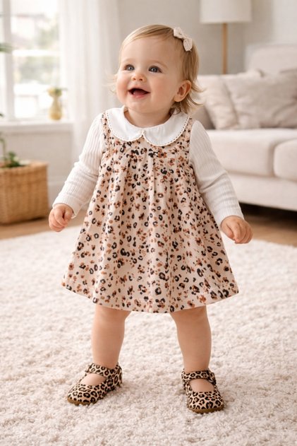 Soft Leopard Printed piece gilet dress & Peter Pan collar Corded Fabric bodysuit combination %95 Cotton holiday girl child