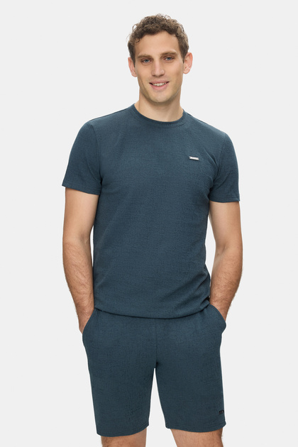 Taylor Navy Blue Crew Neck Crinkle Lightweight Fabric Metal Logo Standard Fit Men's Tshirt