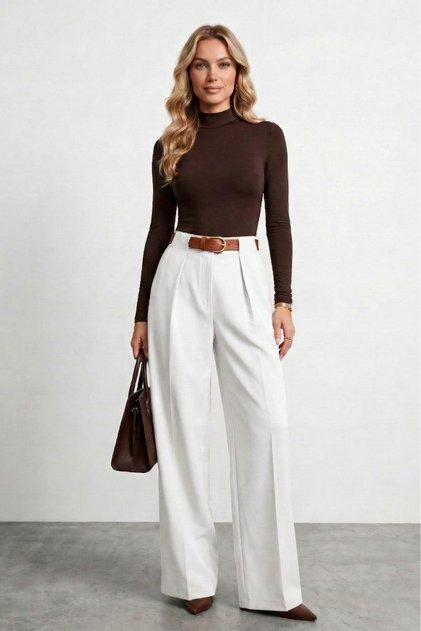 Women's Belt Pack Wide Leg Straight White Women's Trousers