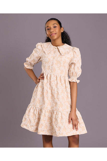 Senior Girls Beige Peter Pan Collar Jacquard Dress