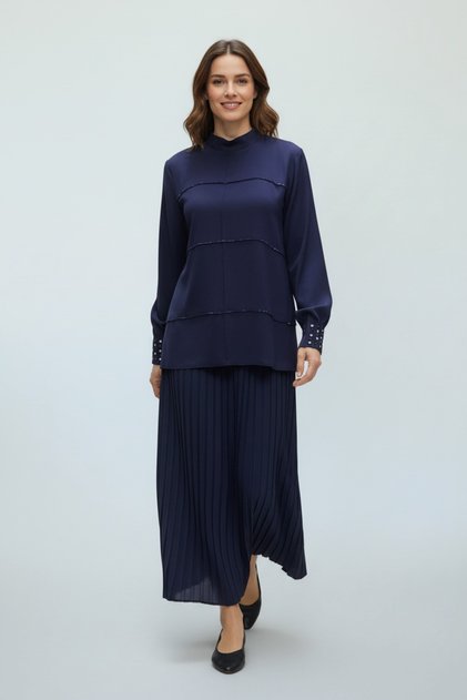 Women's Suit with Stone-Embellished Collar, Front and Back Zippers, Elastic Waist, Pleated Skirt, Two-Piece Set