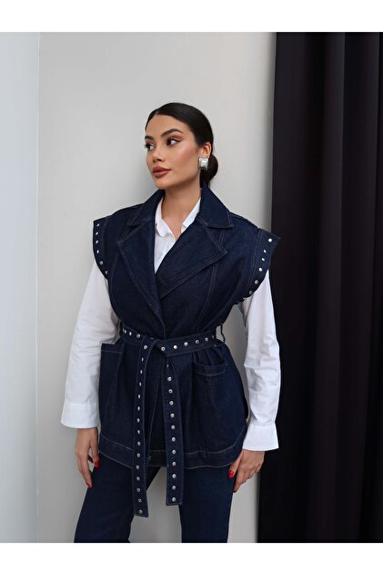 ESRAHELVACI Zımba Detaylı Kuşaklı Denim Yelek - Fiyatı, Yorumları