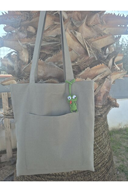 Canvas Water Green, with Amigurumi Frog Charm, Front Pocketed Cloth Tote Shoulder Bag