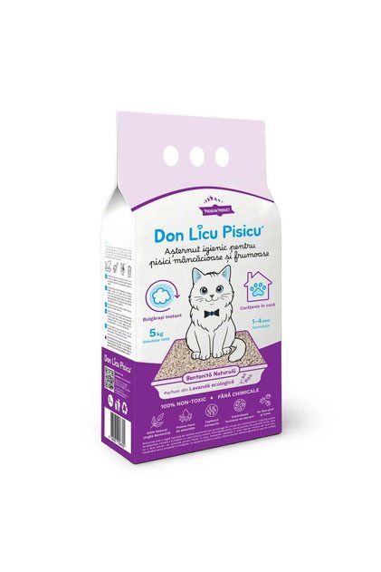Așternut Igienic Pisici Don Licu, Bentonită Premium 100% Naturală, Lavandă, 5kg