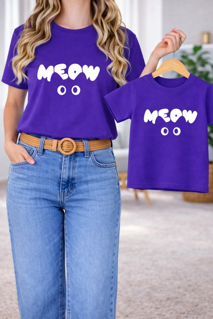 Mother Daughterboy Unisex Kids Combination Oversized Mother Child Twin T-Shirt White Meow B Printed (Single Price)