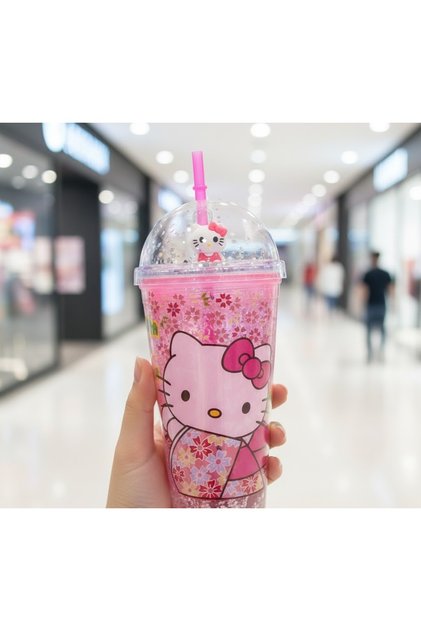 Hello Kitty Tasarımlı Figürlü ve Işıltılı Pipetli Çift Duvarlı Su Kupası Vip