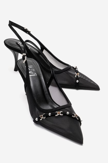 Lioren Black Mesh Buckled Straps Women's Heeled Shoes