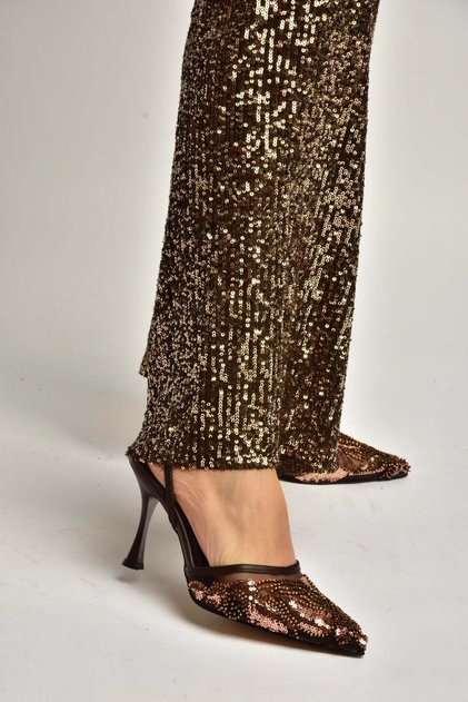 Y726493615 Brown Mesh Sequin Embroidered İ Stiletto Heel Women's Shoes