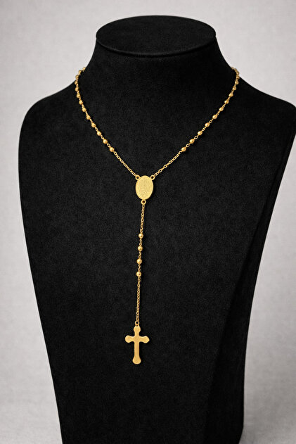 Colier Rosary Unisex cu Mărgele Negre și Cruce, Oțel Inoxidabil Auriu, Stil Modern 45cm+5cm