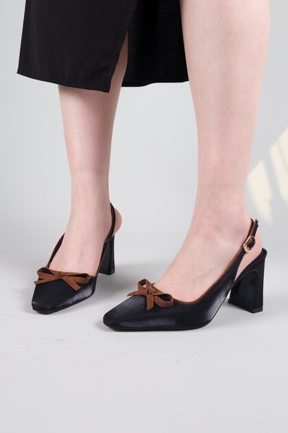 Ferta Thin Bow Satin t Heeled Shoes Black