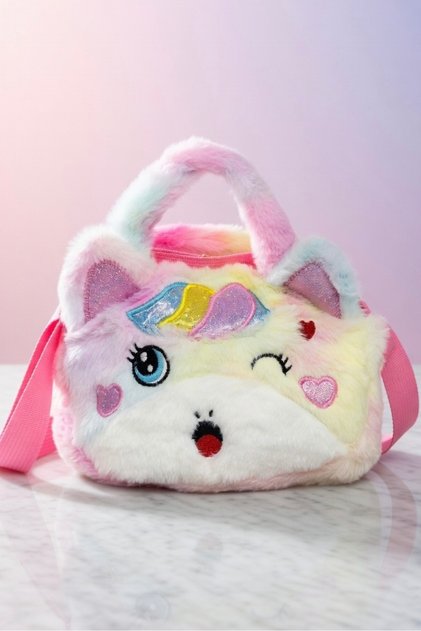 Kız Çocuk Renkli Peluş Çanta Unicorn Tasarımlı Ayarlanabilir Askılı Omuz Ve El Çantası