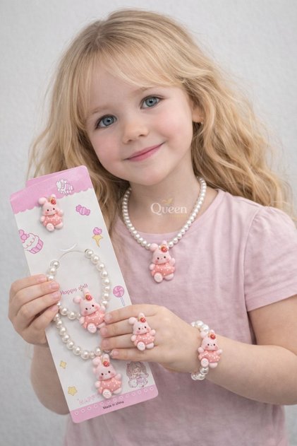 Cute Teddy Bear Print 3-Piece White Pearl Beaded Ring Bracelet Necklace Children's Jewelry Accessory Gift Set