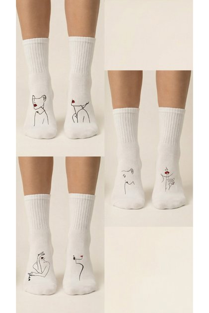 Unisex White Long Socks with Women's Figures - Breathable Cotton Pack - Helps Reduce Odor Formation 6-Pack
