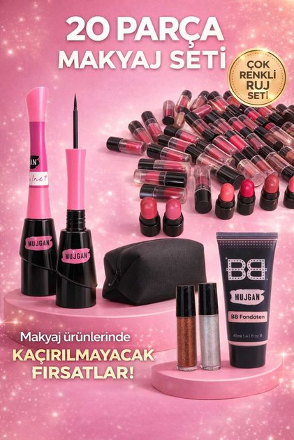 20 Parça Makyaj Seti – Mini Ruj Seti, BB Fondöten, Eyeliner ve Makyaj Çantası