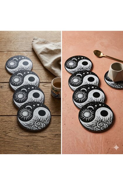Set of 4: Yin Yang Sun and Moon Coasters - Core Family and Modern Coffee Presentation Decor