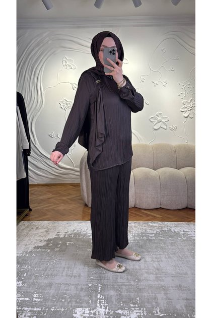 Metal Buckle Scarf Detail Pants Suit Brown