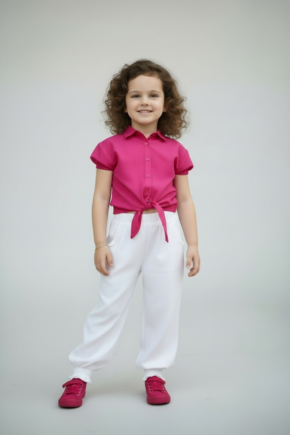 Girl's White Viscose Pants with Elastic Waist and Cuffs 9235
