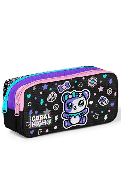 Kids Black Teddy Bear Patterned Two-Compartment Pencil Case Bag 31042