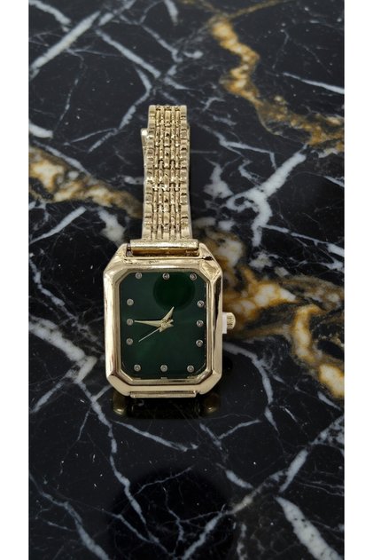 Vintage Model Gold Color Rectangular Case Green Dial Wicker Band Women's Watch