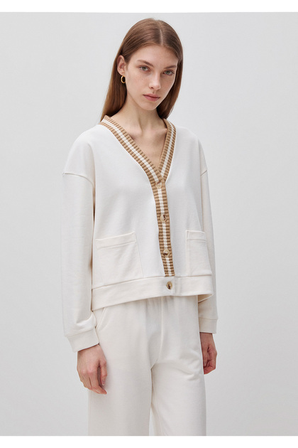 Women's Cream Cotton Blend Striped Detail Wide V-Neck Cardigan