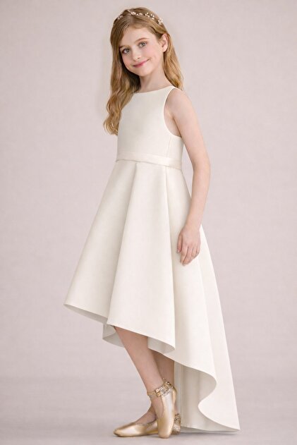 NSMLFE Girl's Ecru Asymmetrical Skirt Detailed Simple Stylish Satin Ball  Gown Birthday Prom Graduation Dress- Trendyol