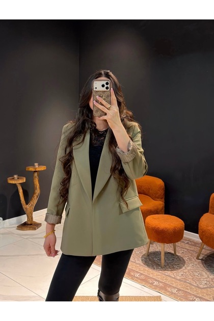 Çizgili Astarlı Premium Kumaş Blazer Ceket Haki