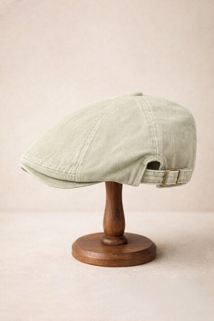 Stonewash Flat Cap Hat – Adjustable Buckled Newsboy Cap - Soft Sage