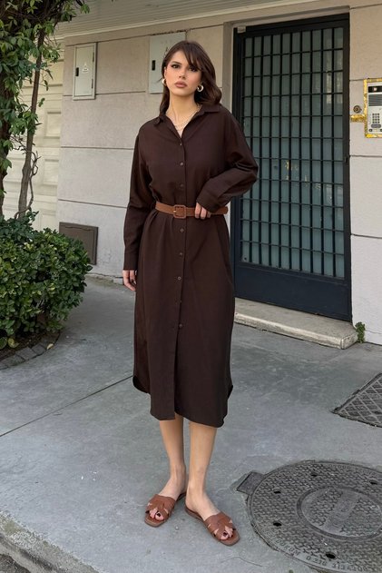 Women's Linen Textured Belt Piece Summer Midi Woven Dress