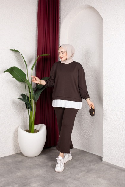 Kadın Modal Kumaş Full Esnek Likralı Ön Garni Detay Pantolon Cepli Alt Üst Takım