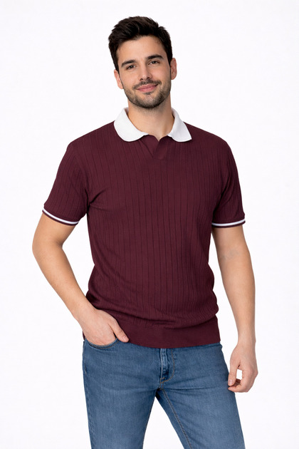 Men's Claret Red Regular Fit Fine Textured Short Sleeve K Sleeve Detail Polo Neck T-Shirt