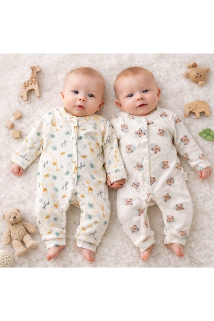 Nayinom 100% Cotton Baby Boy Teddy Bear and Safari Patterned 2-Piece Jumpsuit